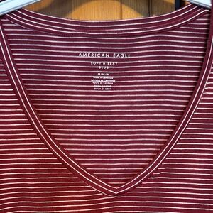 American Eagle soft and Sexy Maroon and White Striped Long Sleeve V-Neck Tee